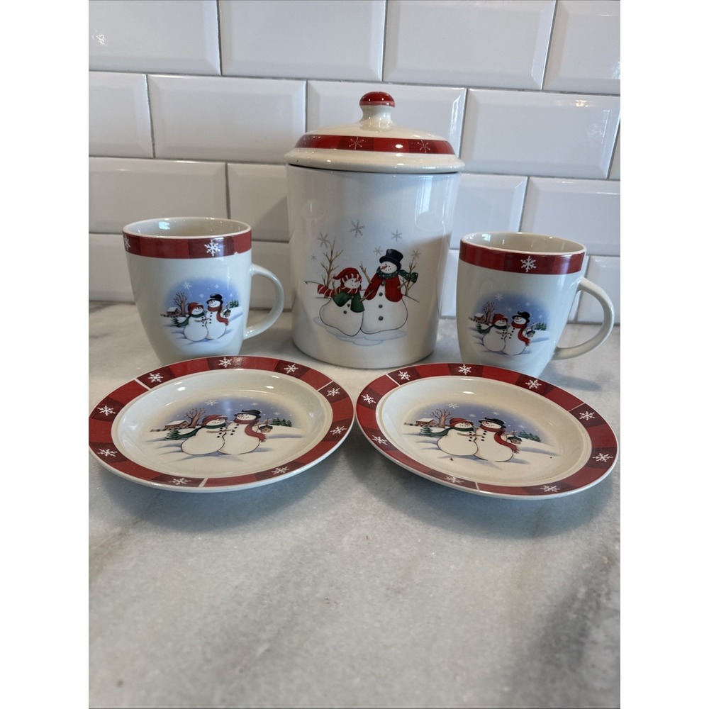 VTG Royal Seasons Holiday Snowmen Stoneware Canister Cookie Jar Snack Set GW0021